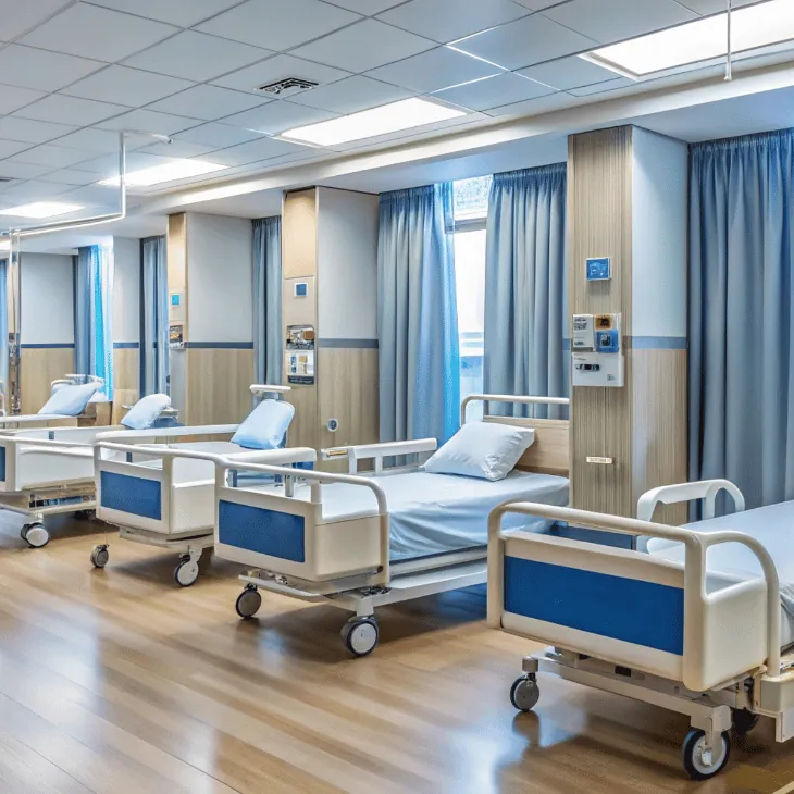 Clean hospital ward with beds in a row