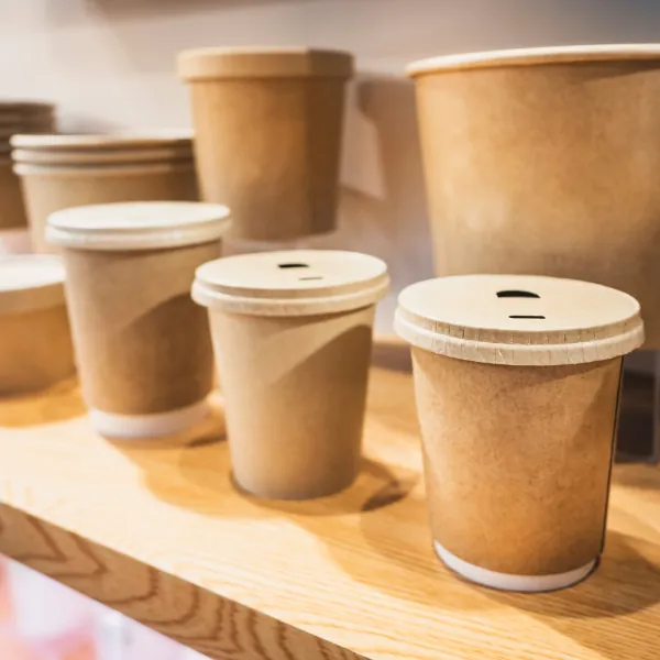 Kraft paper cups with lids on a wooden shelf